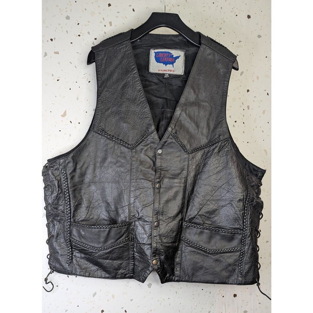 Vintage LIBERTY Leather Motorcycle Biker Black vest 80s  Size 56 XXL